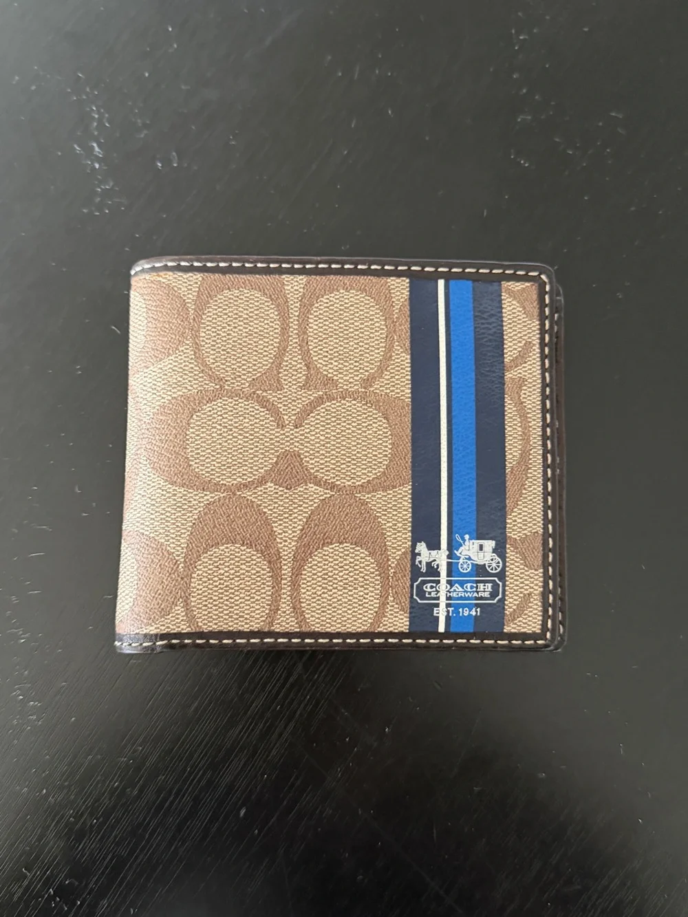 Coach Brown Signature Canvas Bifold Wallet with Blue Stripe Accent